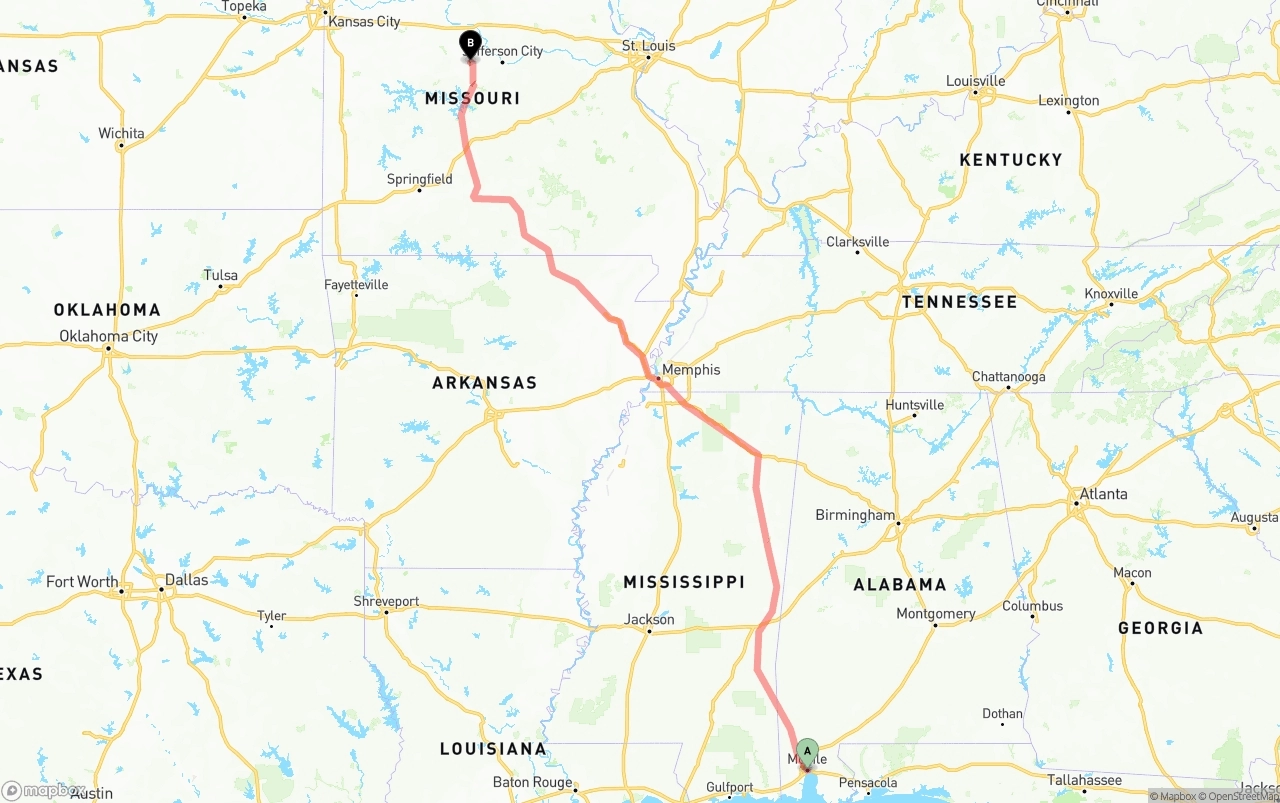Shipping route from Port of Mobile to Missouri
