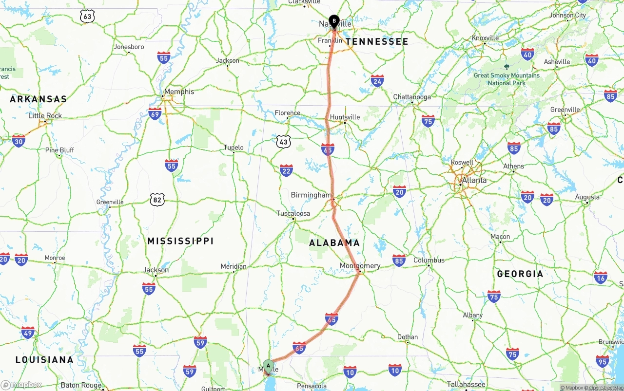 Shipping route from Port of Mobile to Nashville