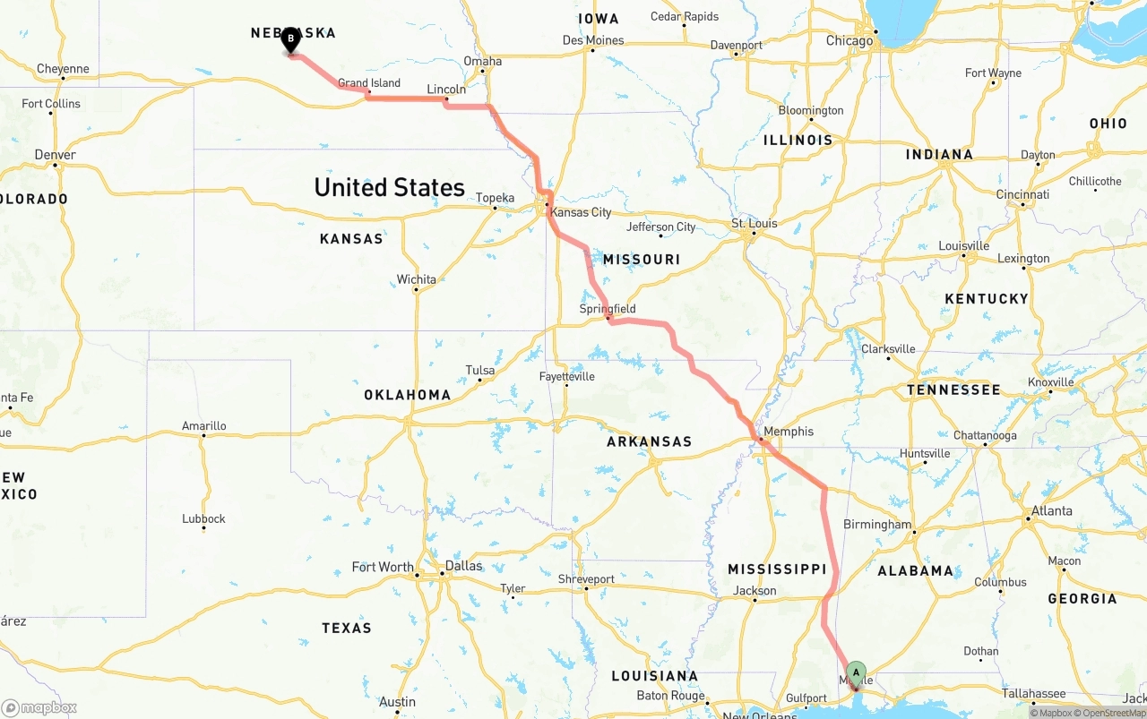 Shipping route from Port of Mobile to Nebraska