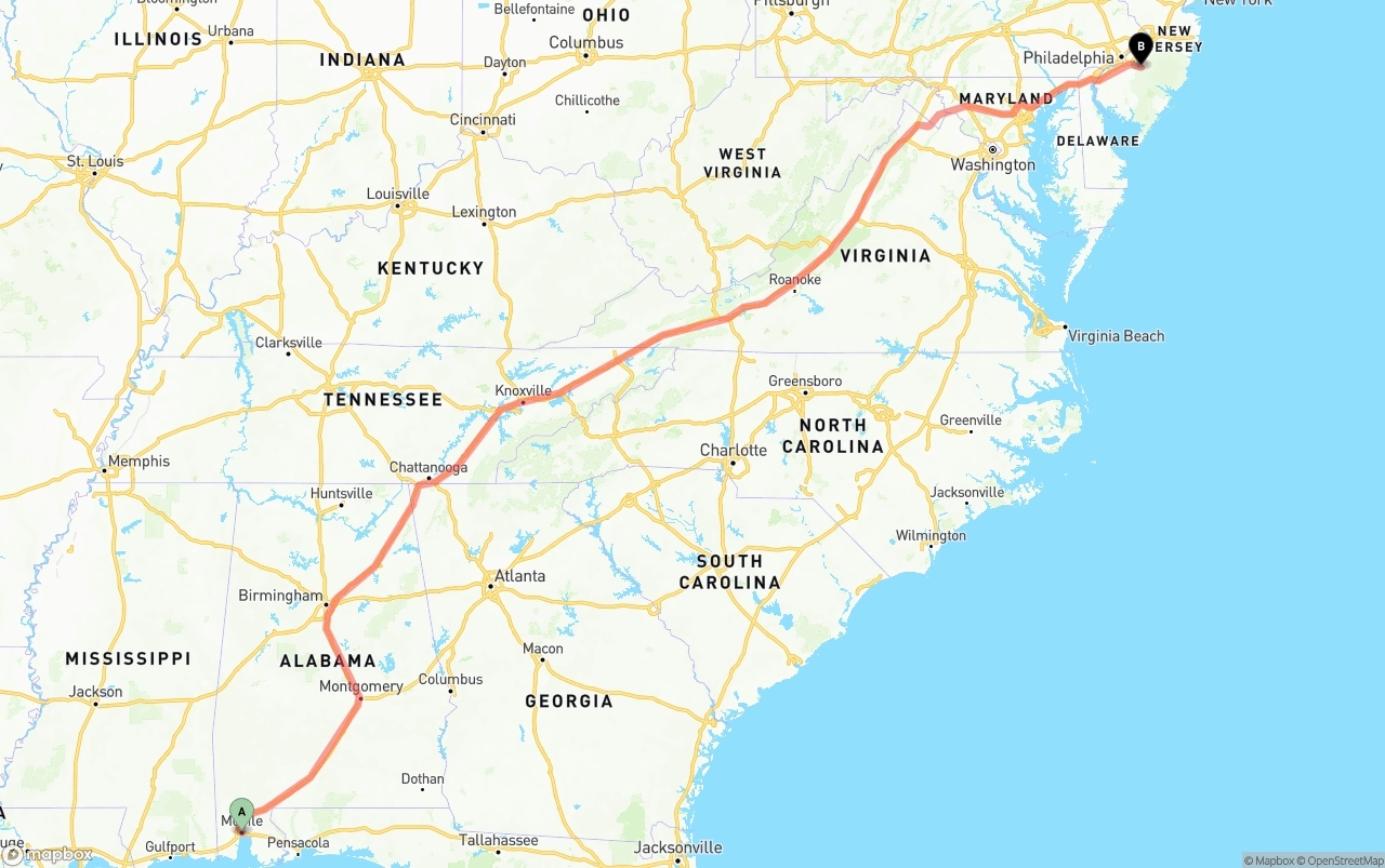 Shipping route from Port of Mobile to New Jersey