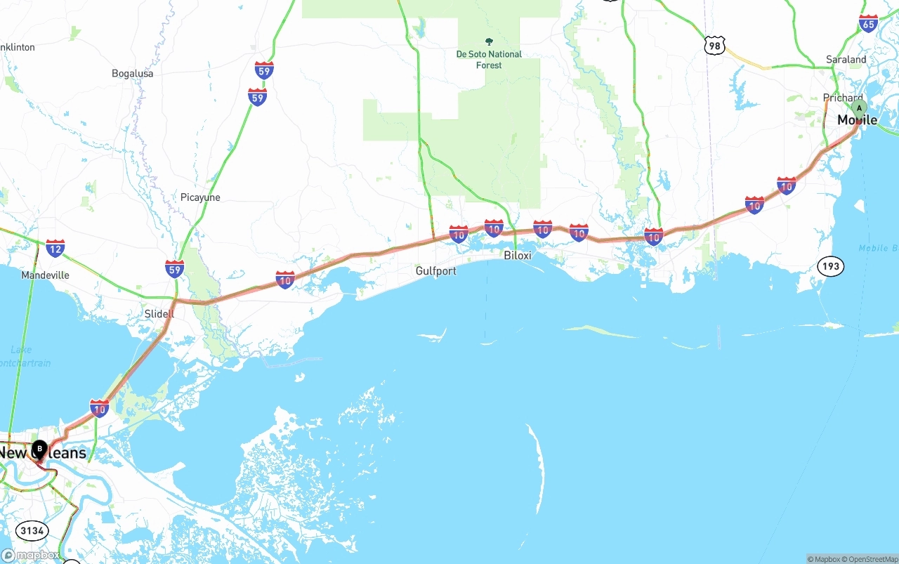 Shipping route from Port of Mobile to New Orleans