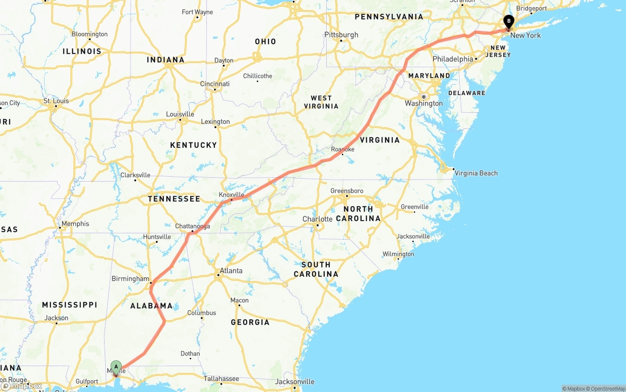 Shipping route from Port of Mobile to New York City
