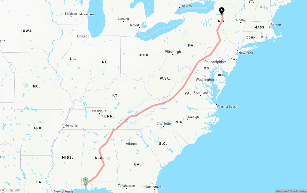 Shipping route from Port of Mobile to New York