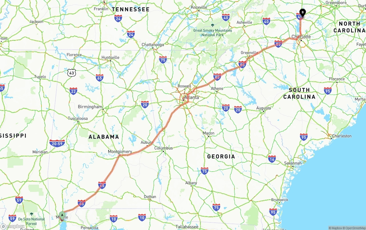 Shipping route from Port of Mobile to North Carolina