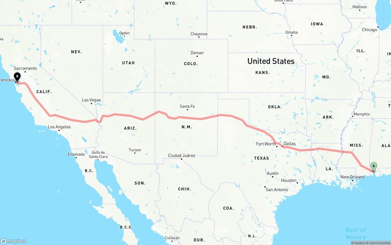 Shipping route from Port of Mobile to Oakland