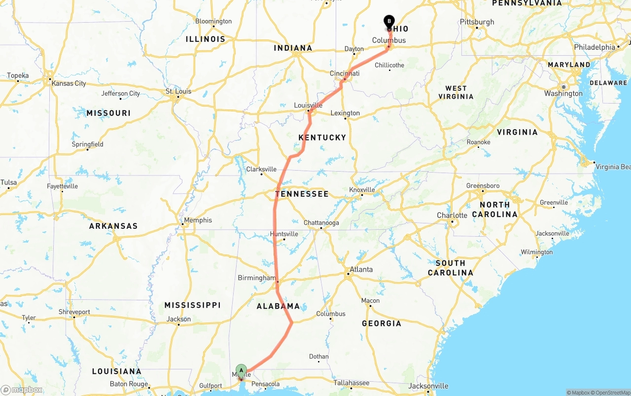 Shipping route from Port of Mobile to Ohio