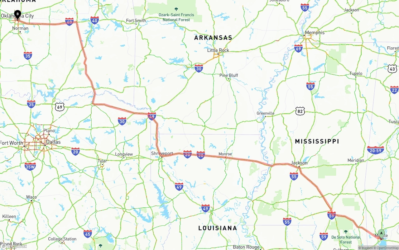 Shipping route from Port of Mobile to Oklahoma City