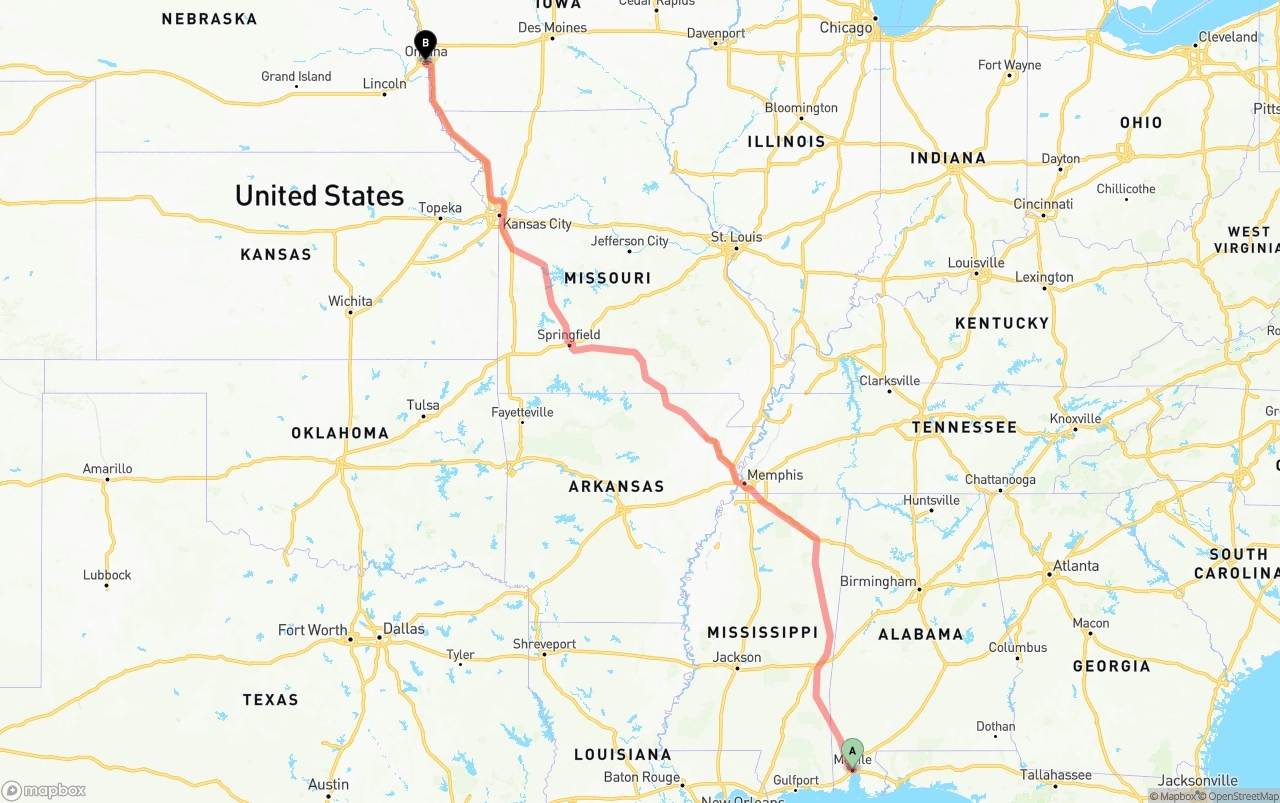 Shipping route from Port of Mobile to Omaha