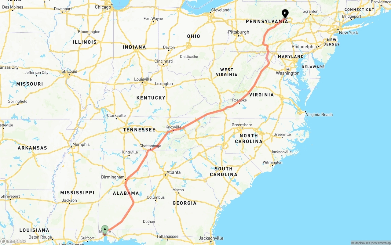 Shipping route from Port of Mobile to Pennsylvania