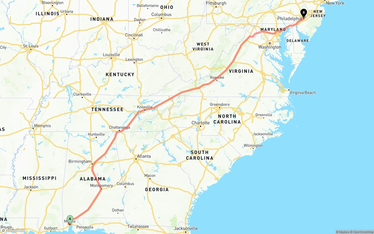 Shipping route from Port of Mobile to Philadelphia