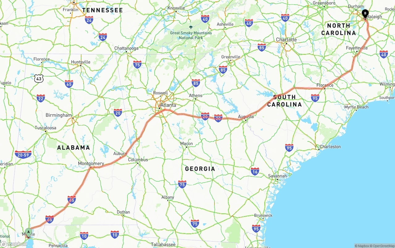Shipping route from Port of Mobile to Raleigh