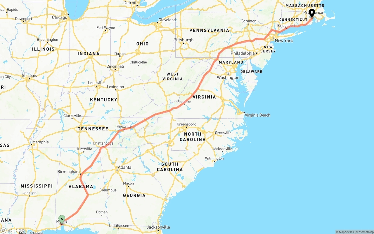 Shipping route from Port of Mobile to Rhode Island