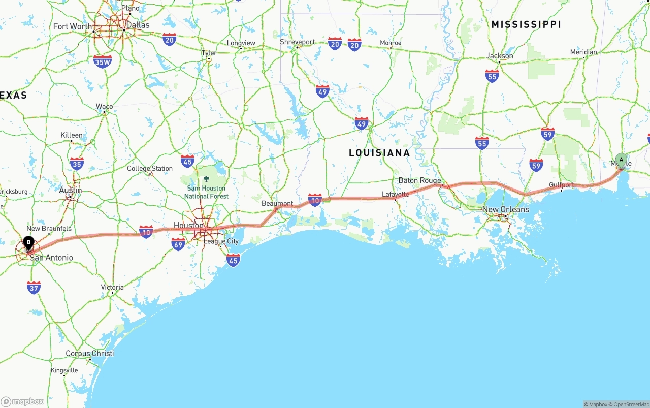 Shipping route from Port of Mobile to San Antonio