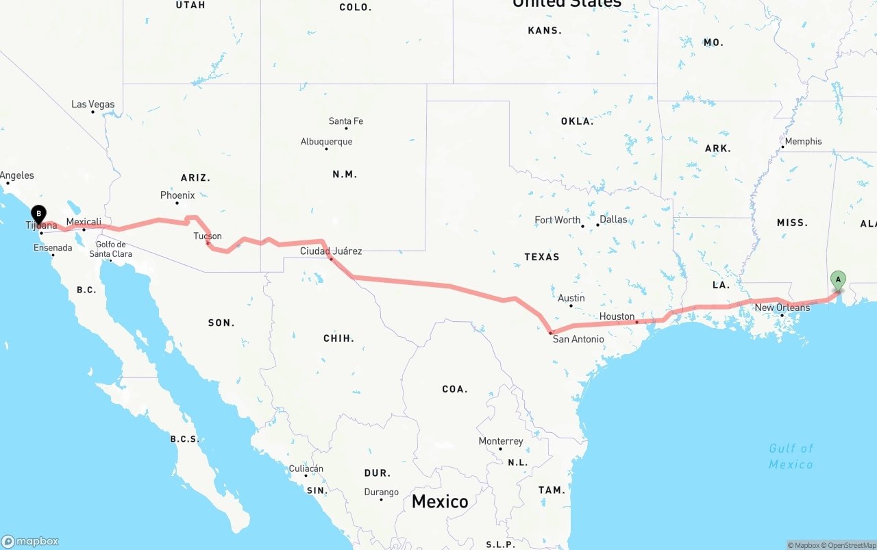 Shipping route from Port of Mobile to San Diego