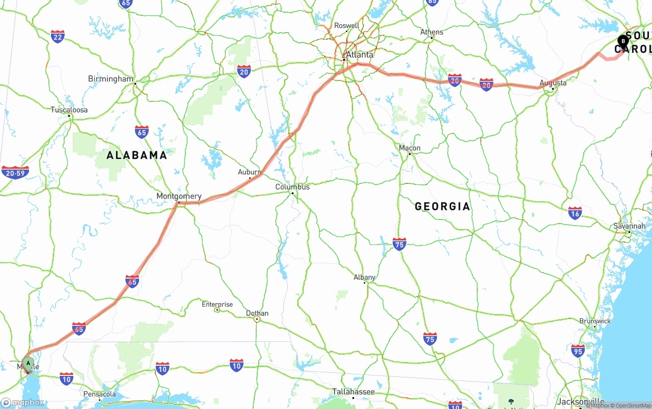 Shipping route from Port of Mobile to South Carolina