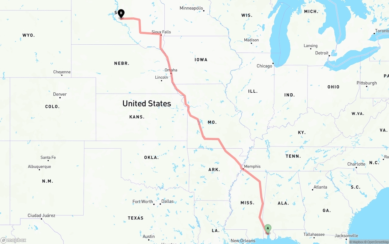 Shipping route from Port of Mobile to South Dakota