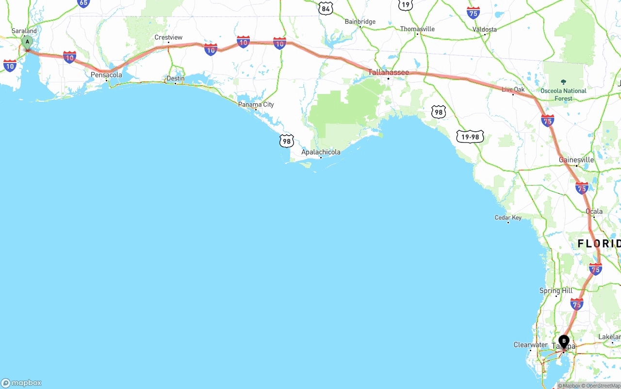 Shipping route from Port of Mobile to Tampa