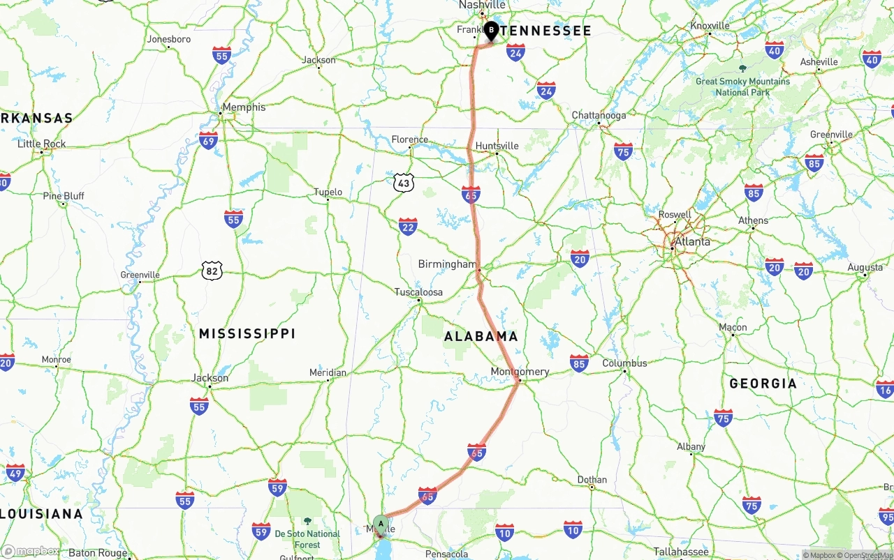 Shipping route from Port of Mobile to Tennessee