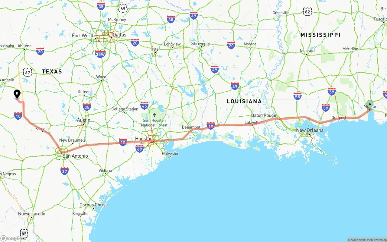 Shipping route from Port of Mobile to Texas