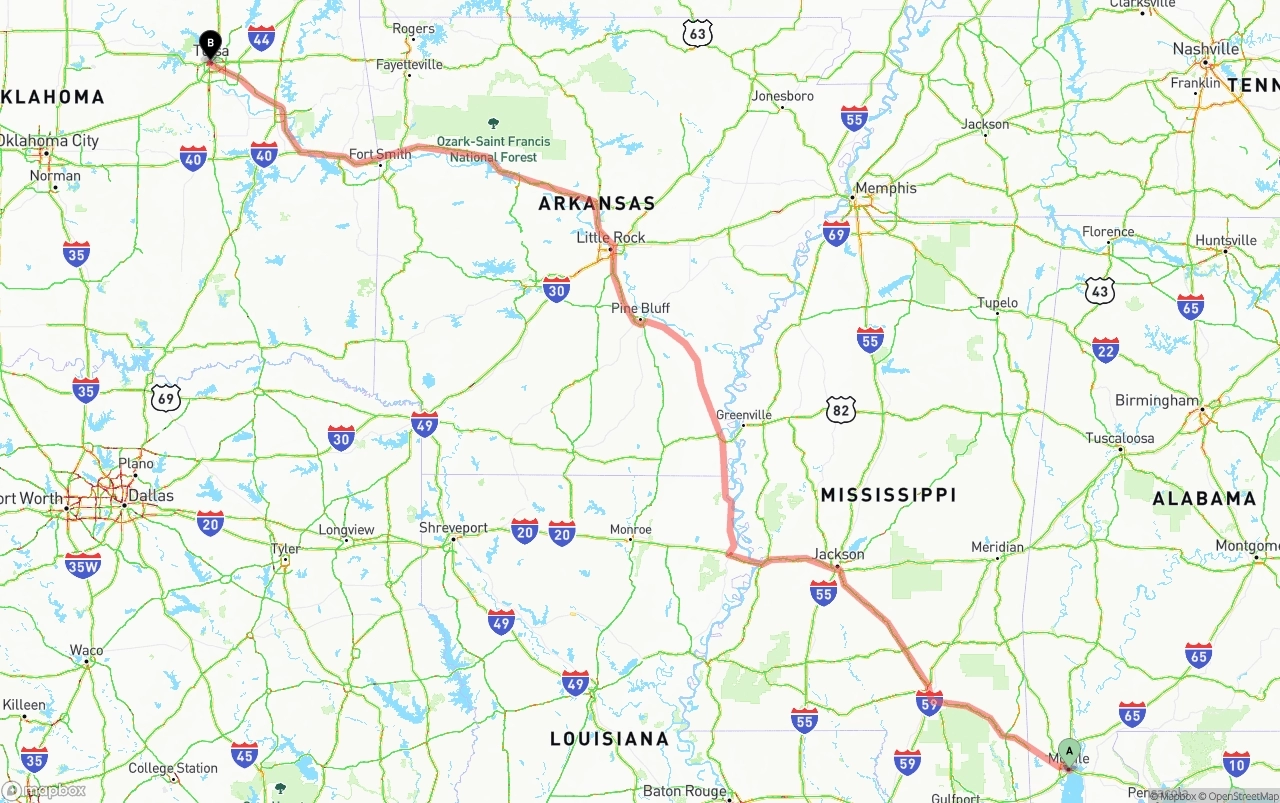 Shipping route from Port of Mobile to Tulsa