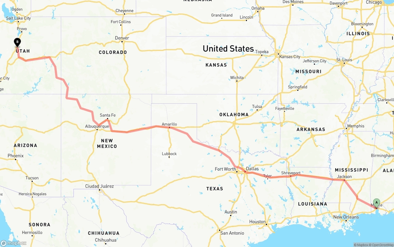 Shipping route from Port of Mobile to Utah