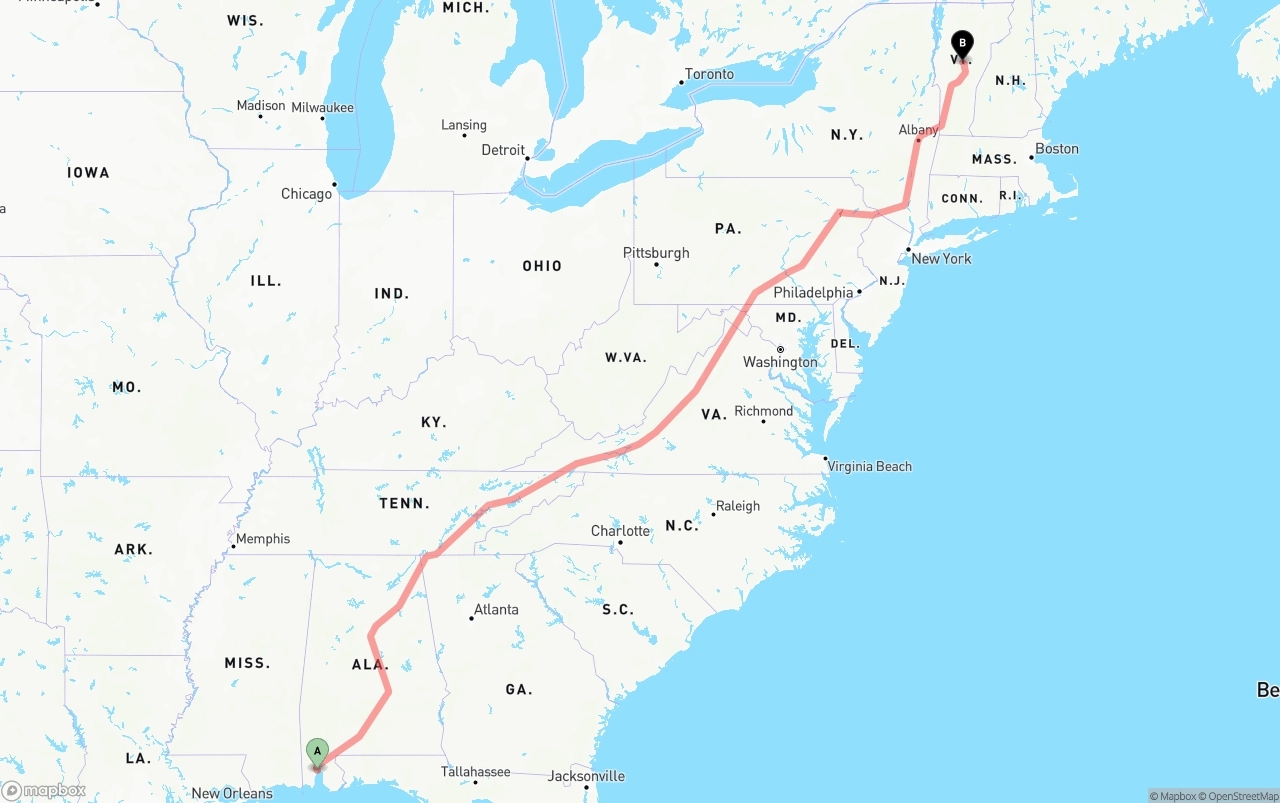 Shipping route from Port of Mobile to Vermont