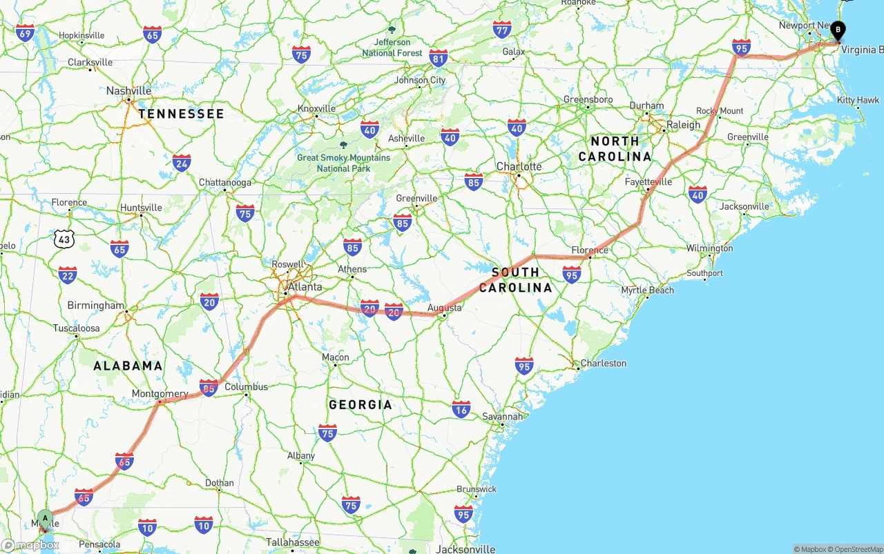 Shipping route from Port of Mobile to Virginia Beach