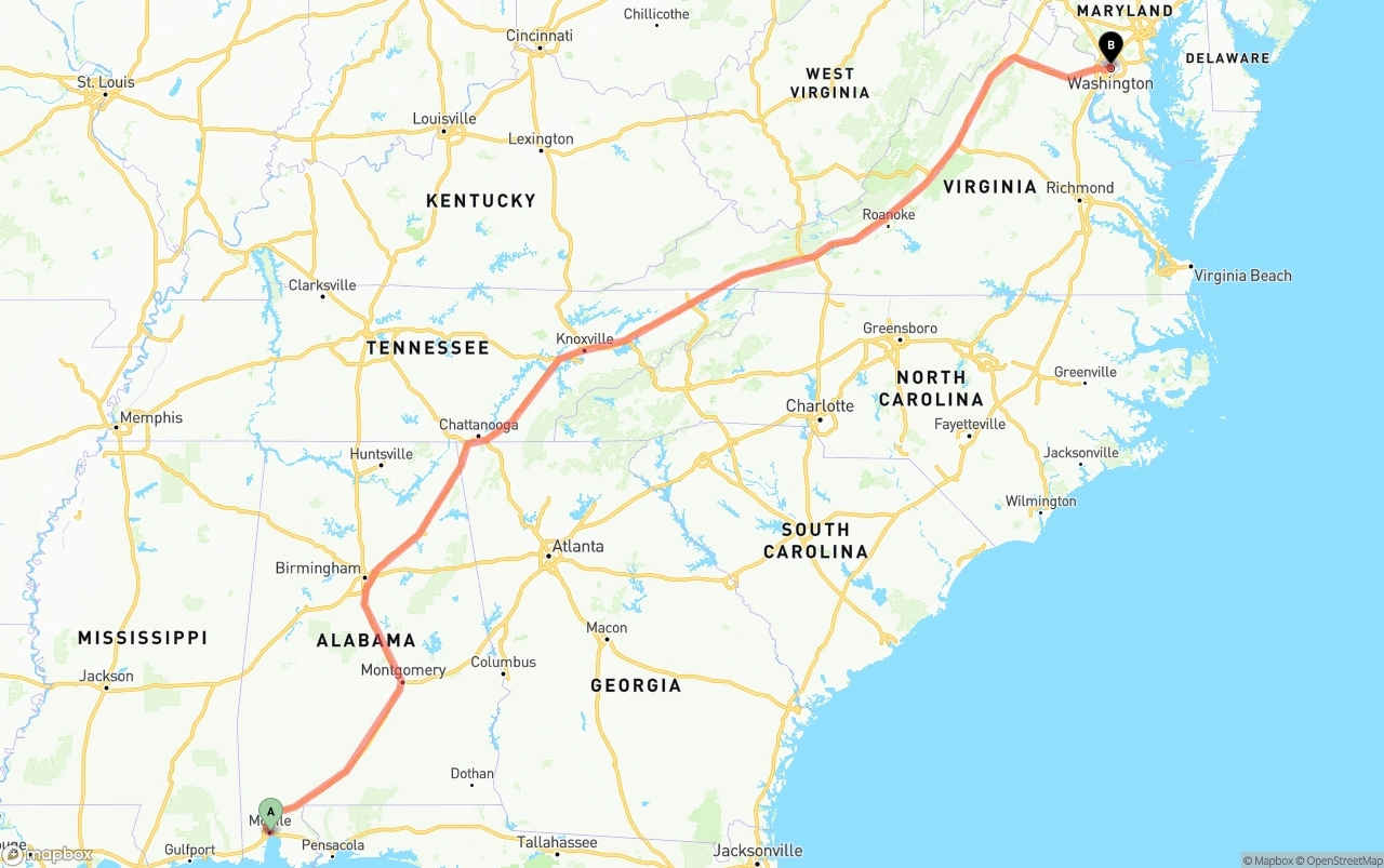 Shipping route from Port of Mobile to Washington D.C.