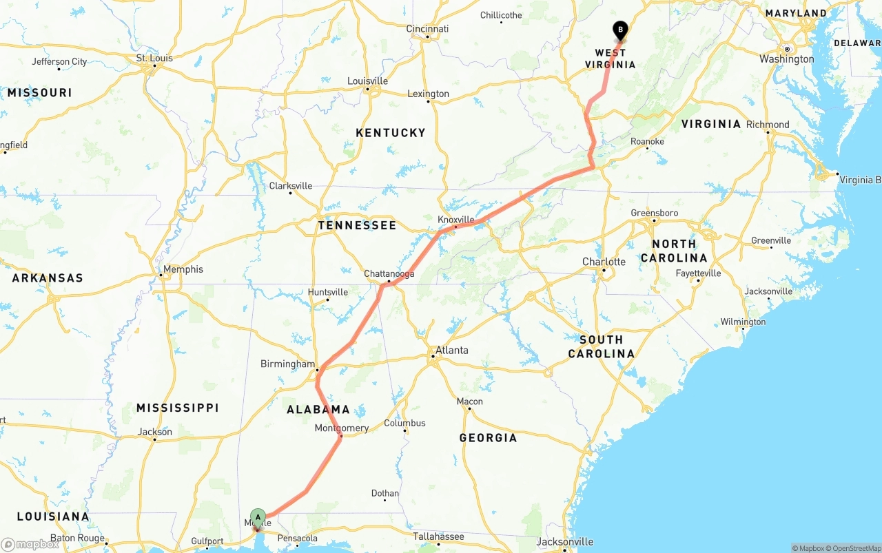 Shipping route from Port of Mobile to West Virginia