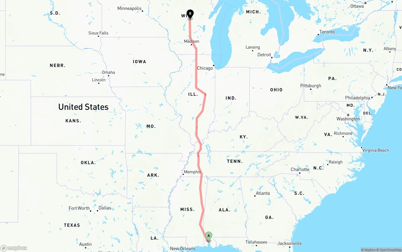 Shipping route from Port of Mobile to Wisconsin