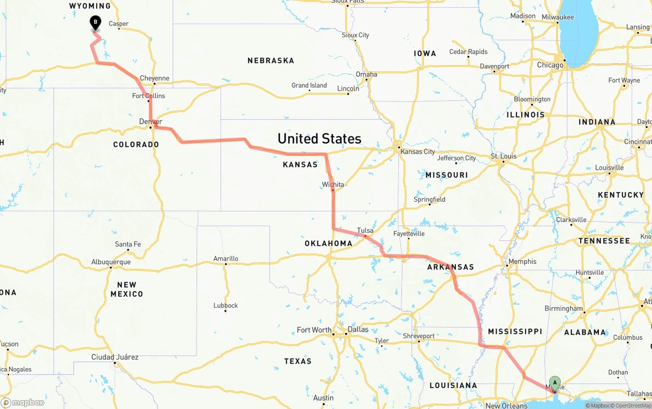 Shipping route from Port of Mobile to Wyoming