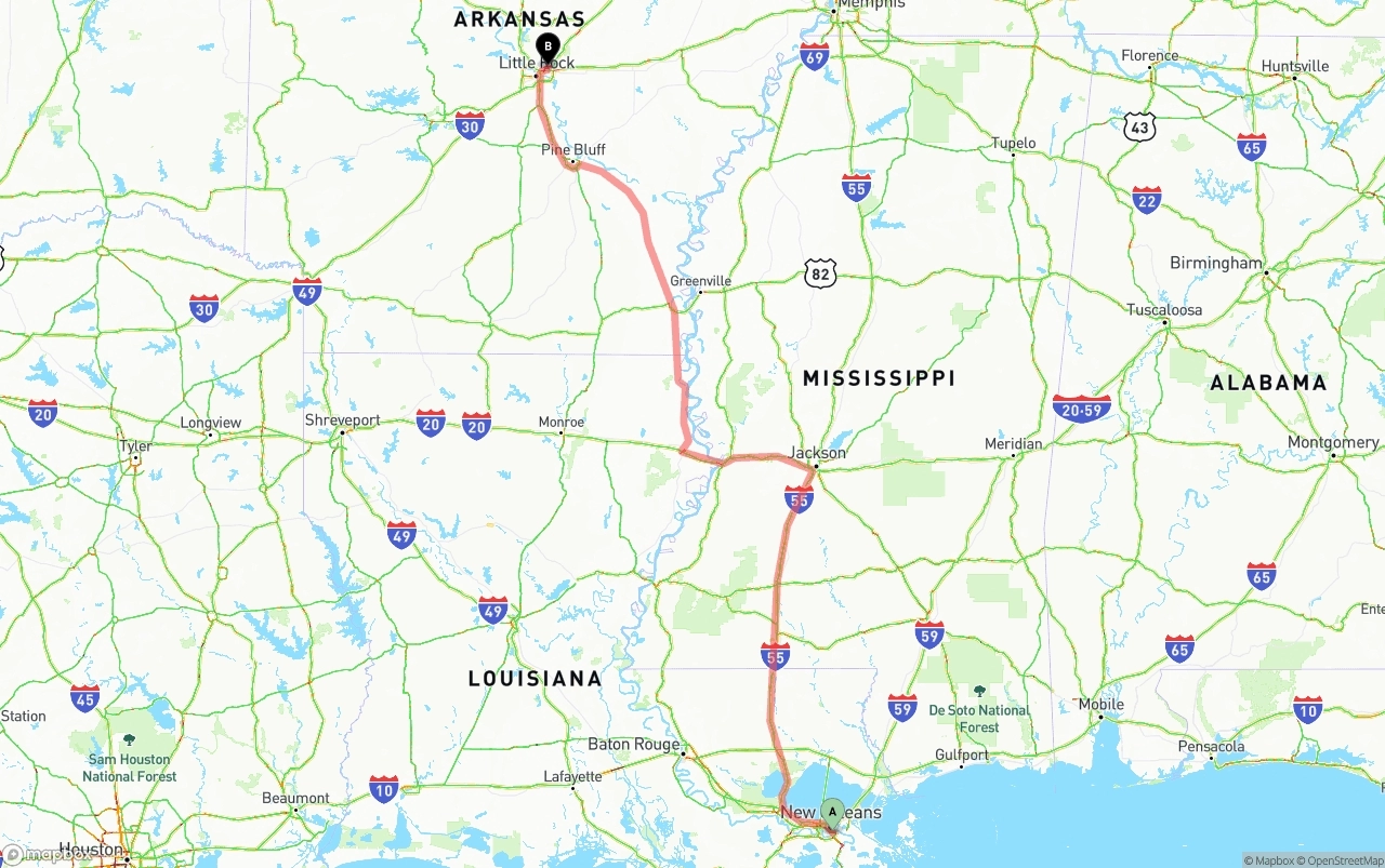 Shipping route from Port of New Orleans to Arkansas