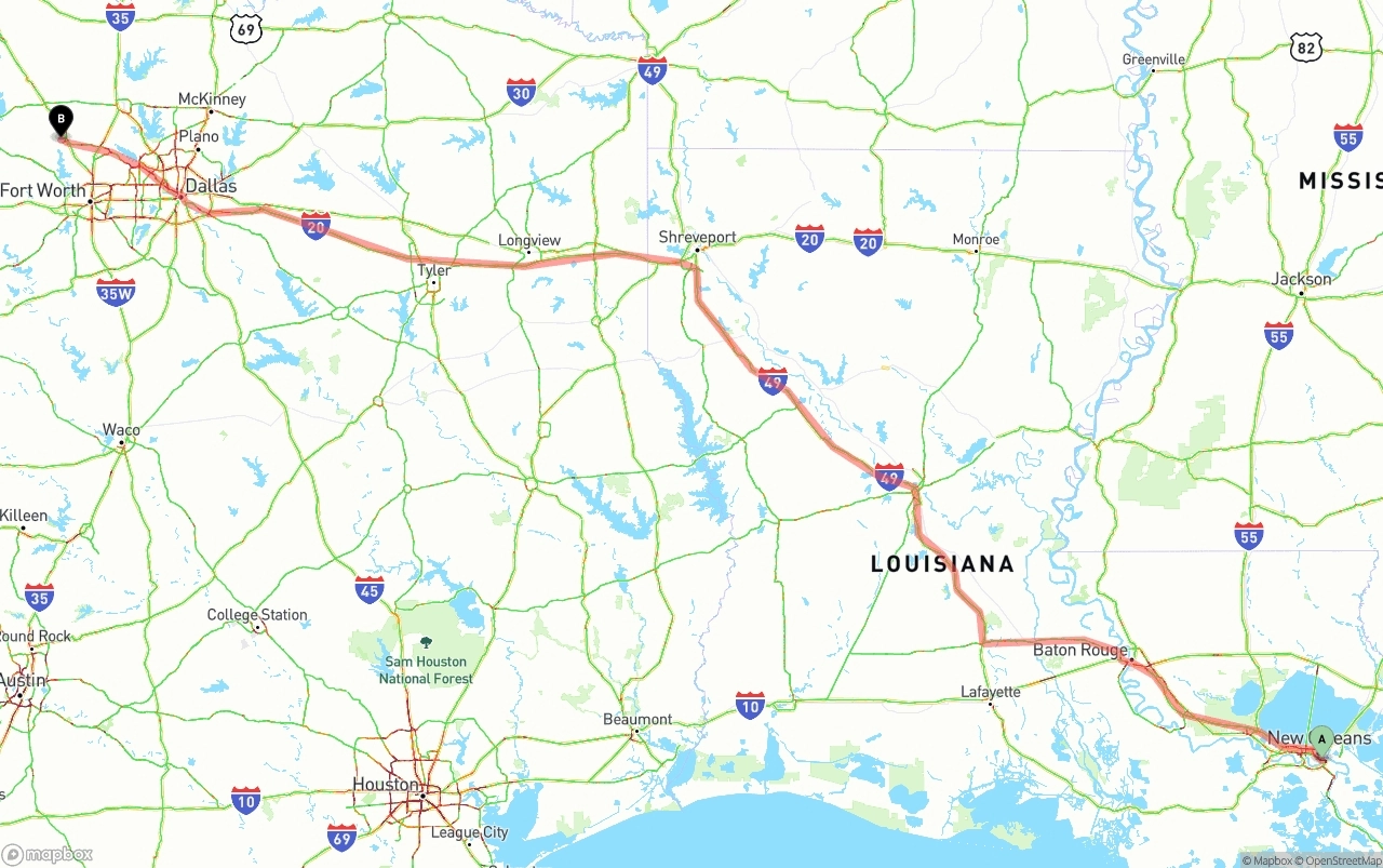Shipping route from Port of New Orleans to Aurora
