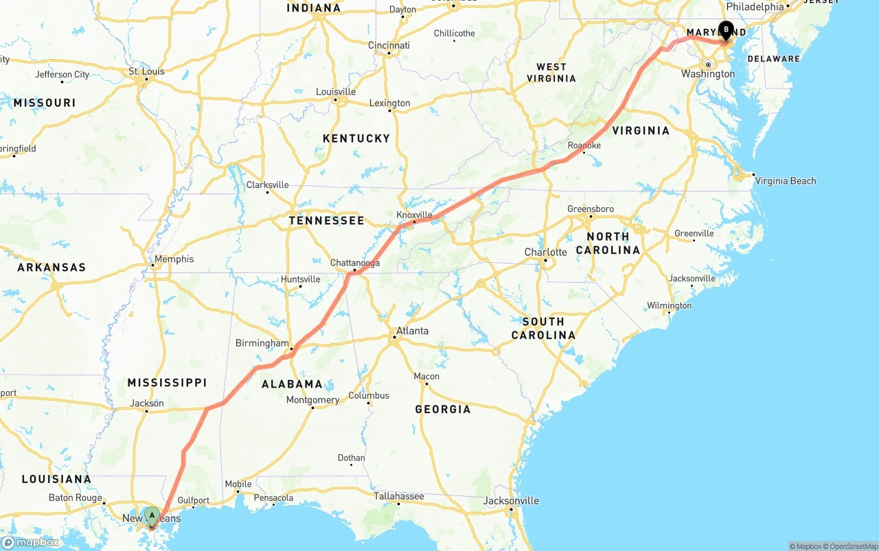 Shipping route from Port of New Orleans to Baltimore