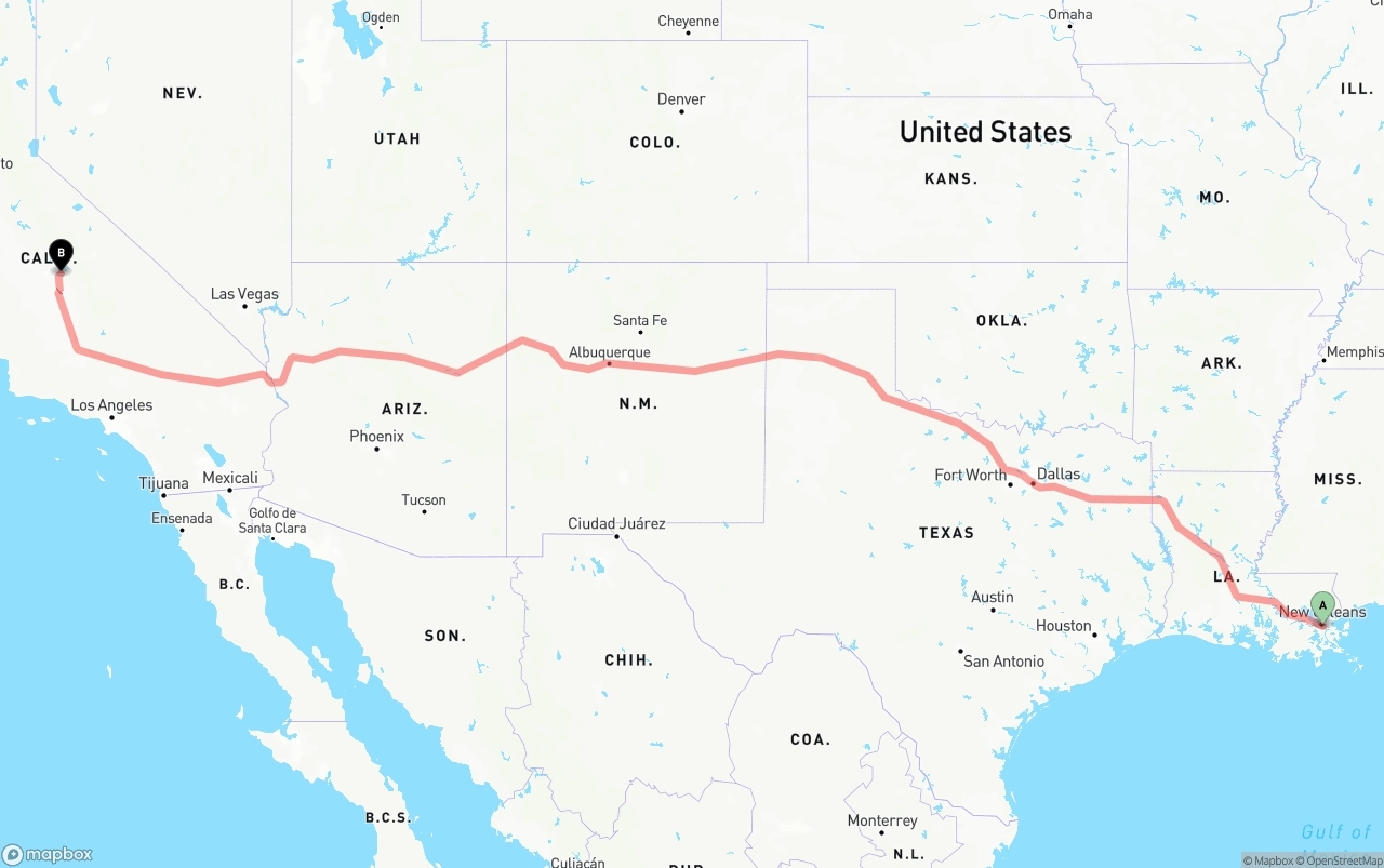 Shipping route from Port of New Orleans to California