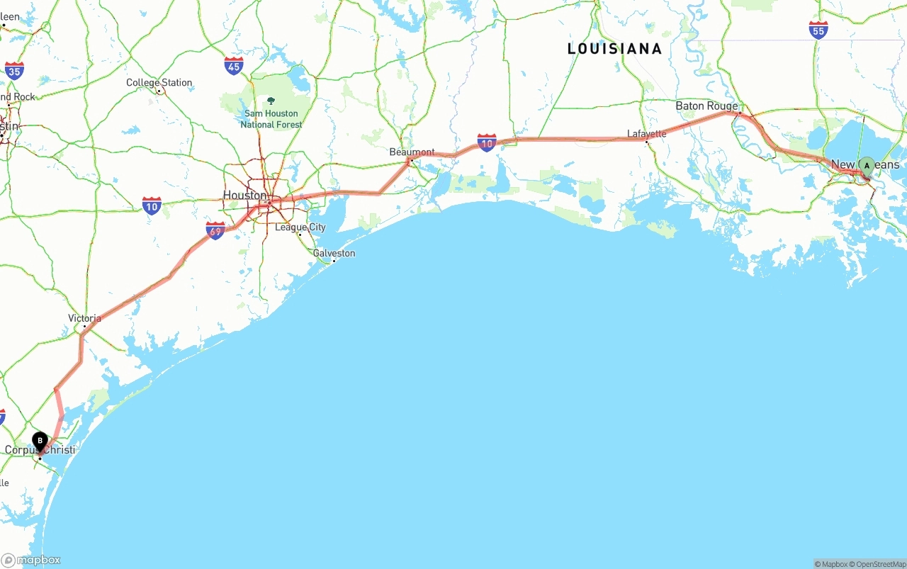 Shipping route from Port of New Orleans to Corpus Christi