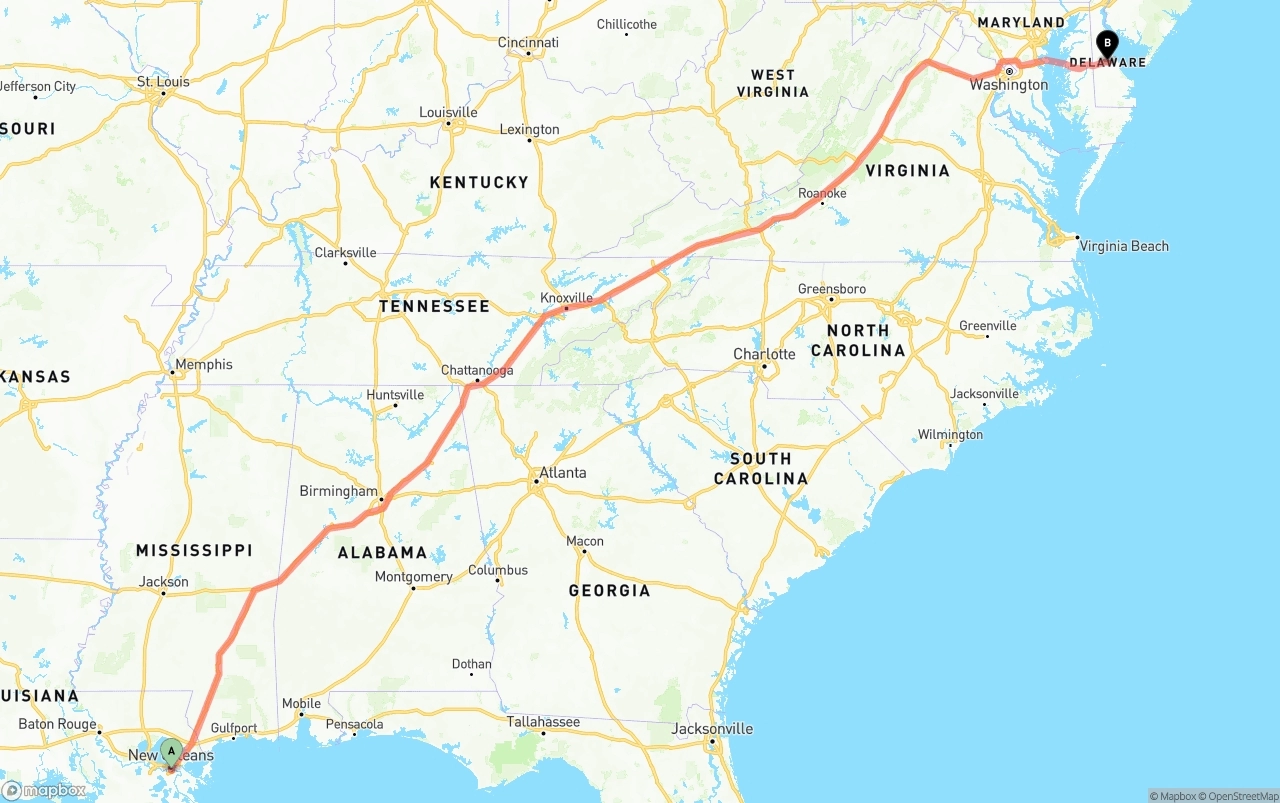 Shipping route from Port of New Orleans to Delaware