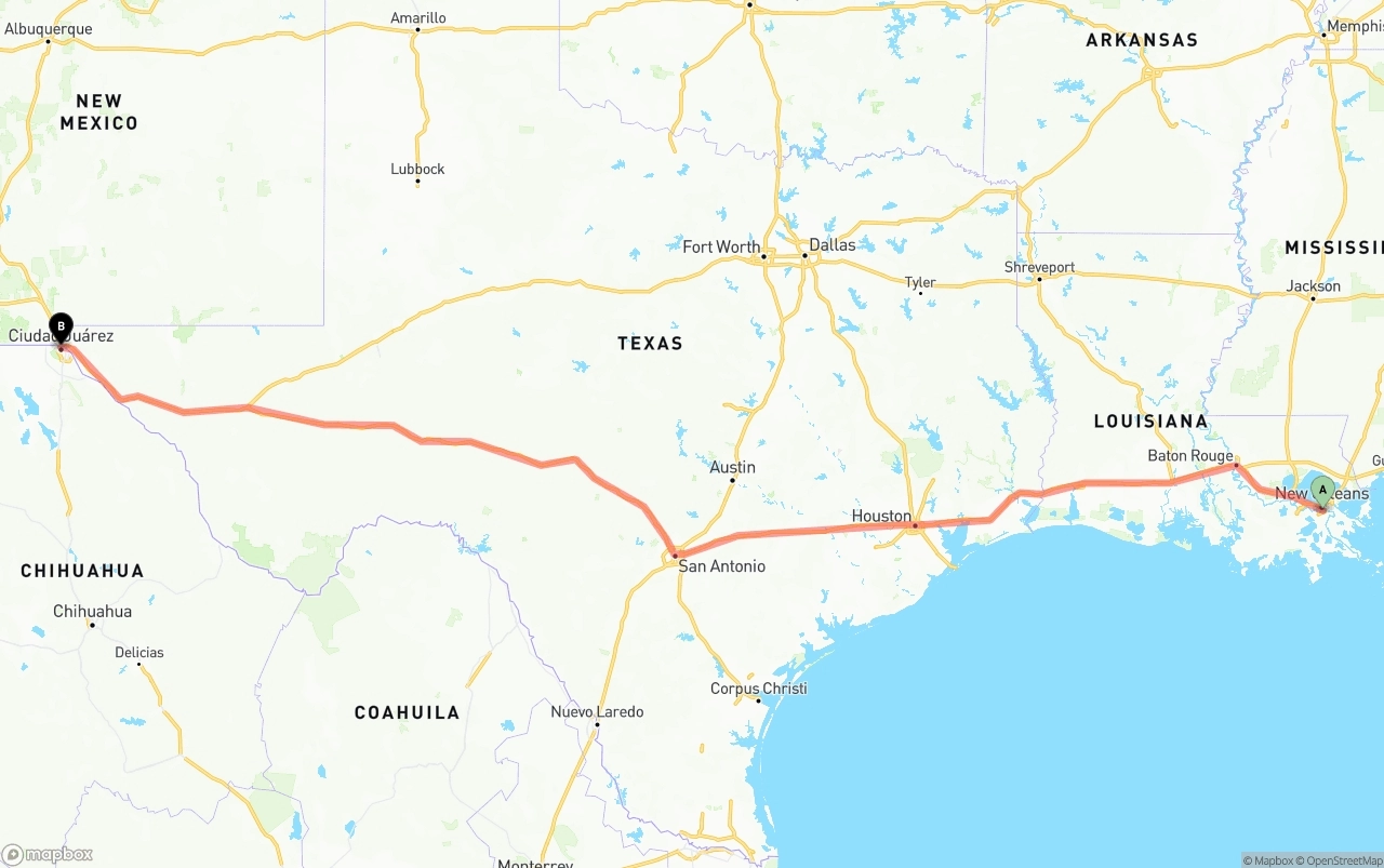 Shipping route from Port of New Orleans to El Paso