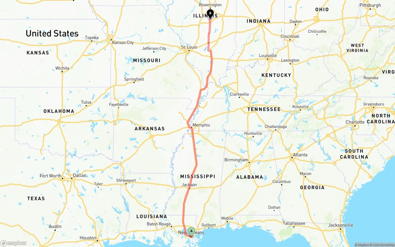 Shipping route from Port of New Orleans to Illinois