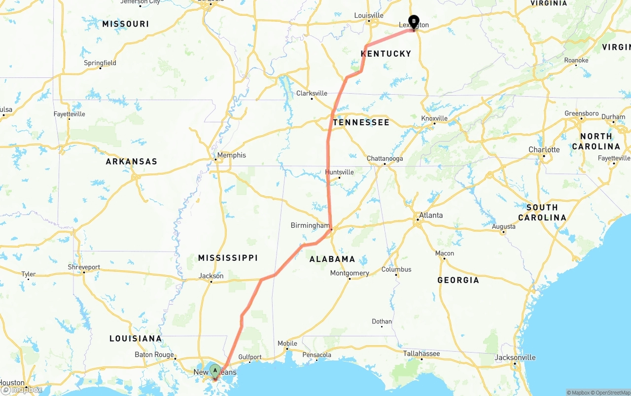 Shipping route from Port of New Orleans to Lexington