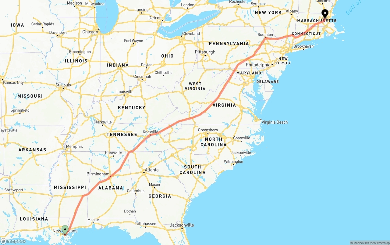 Shipping route from Port of New Orleans to Massachusetts