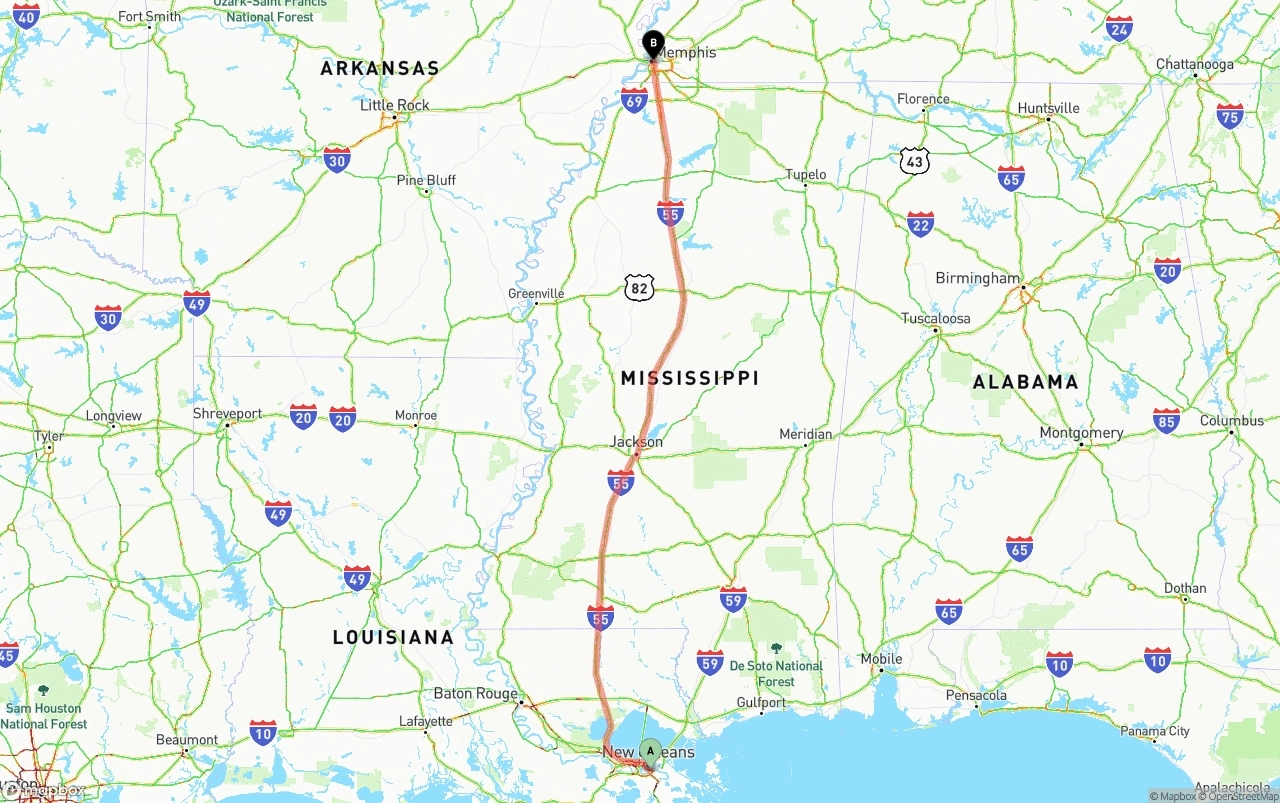 Shipping route from Port of New Orleans to Memphis