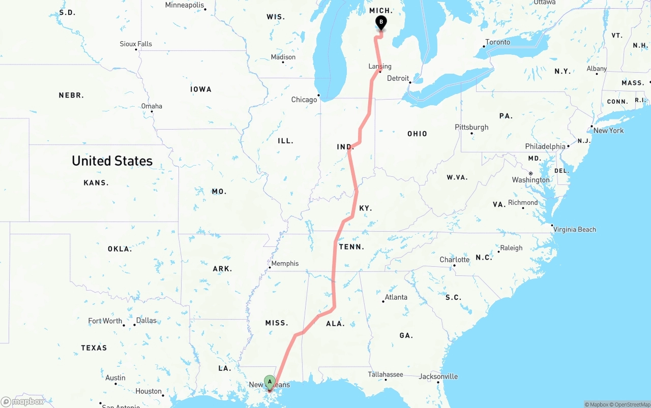 Shipping route from Port of New Orleans to Michigan