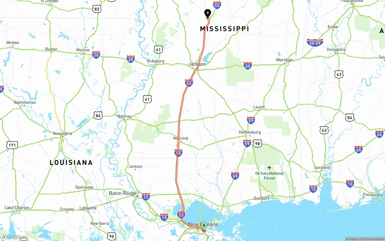Shipping route from Port of New Orleans to Mississippi