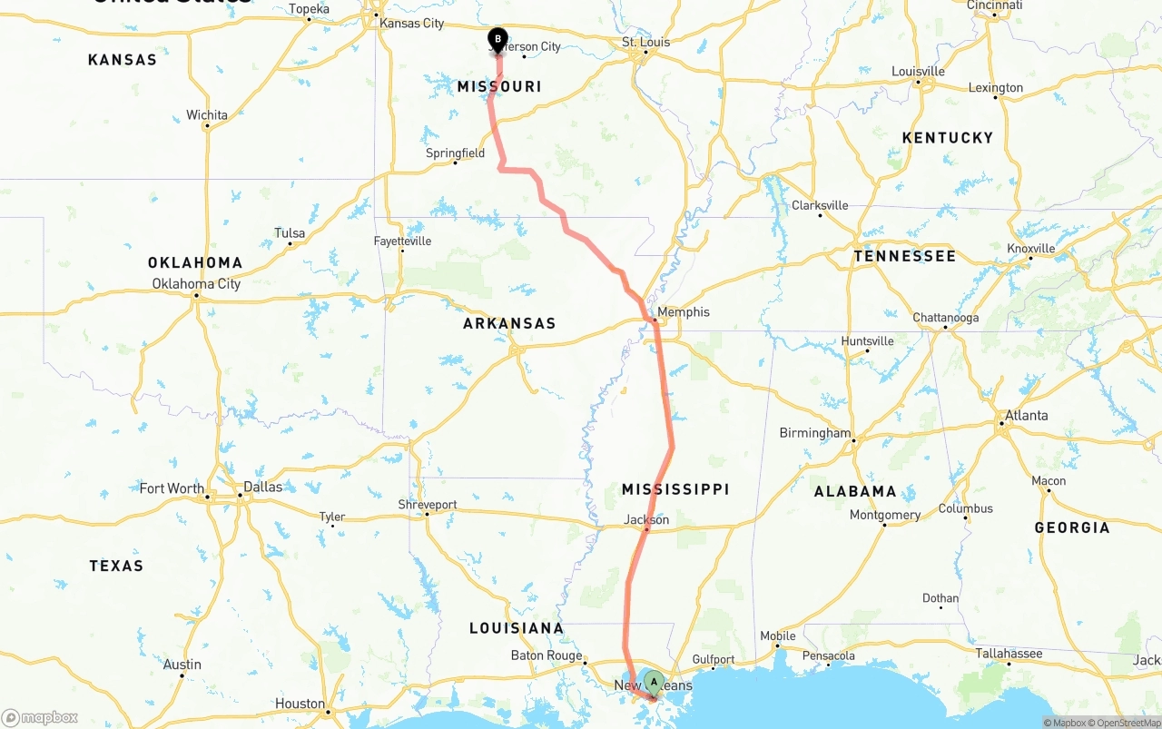 Shipping route from Port of New Orleans to Missouri