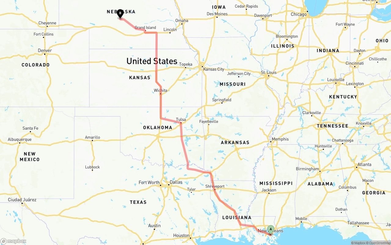 Shipping route from Port of New Orleans to Nebraska