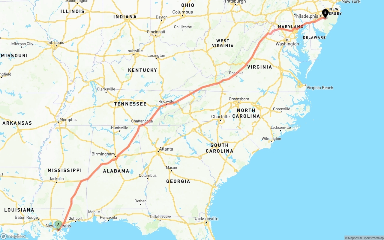 Shipping route from Port of New Orleans to New Jersey