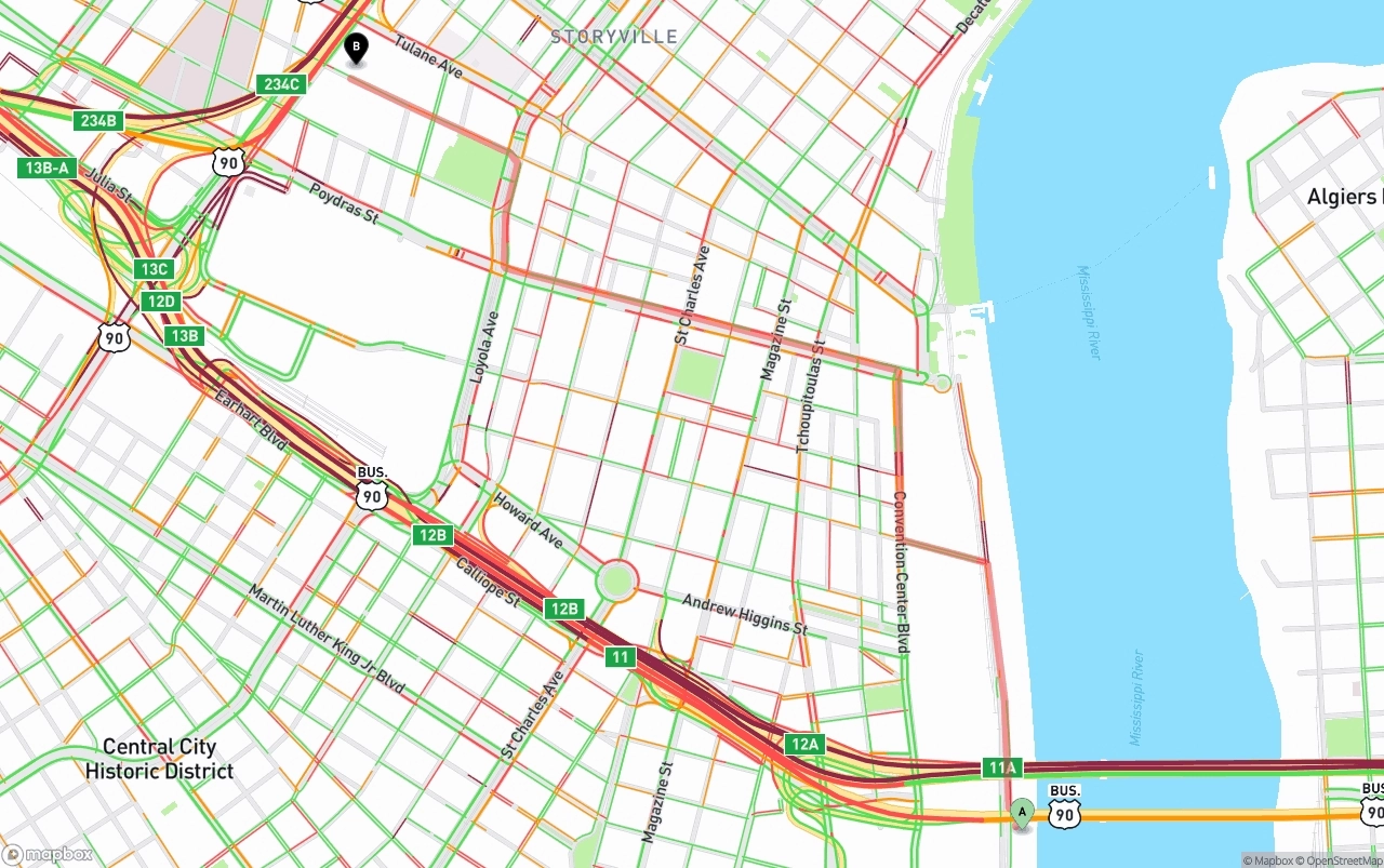 Shipping route from Port of New Orleans to New Orleans