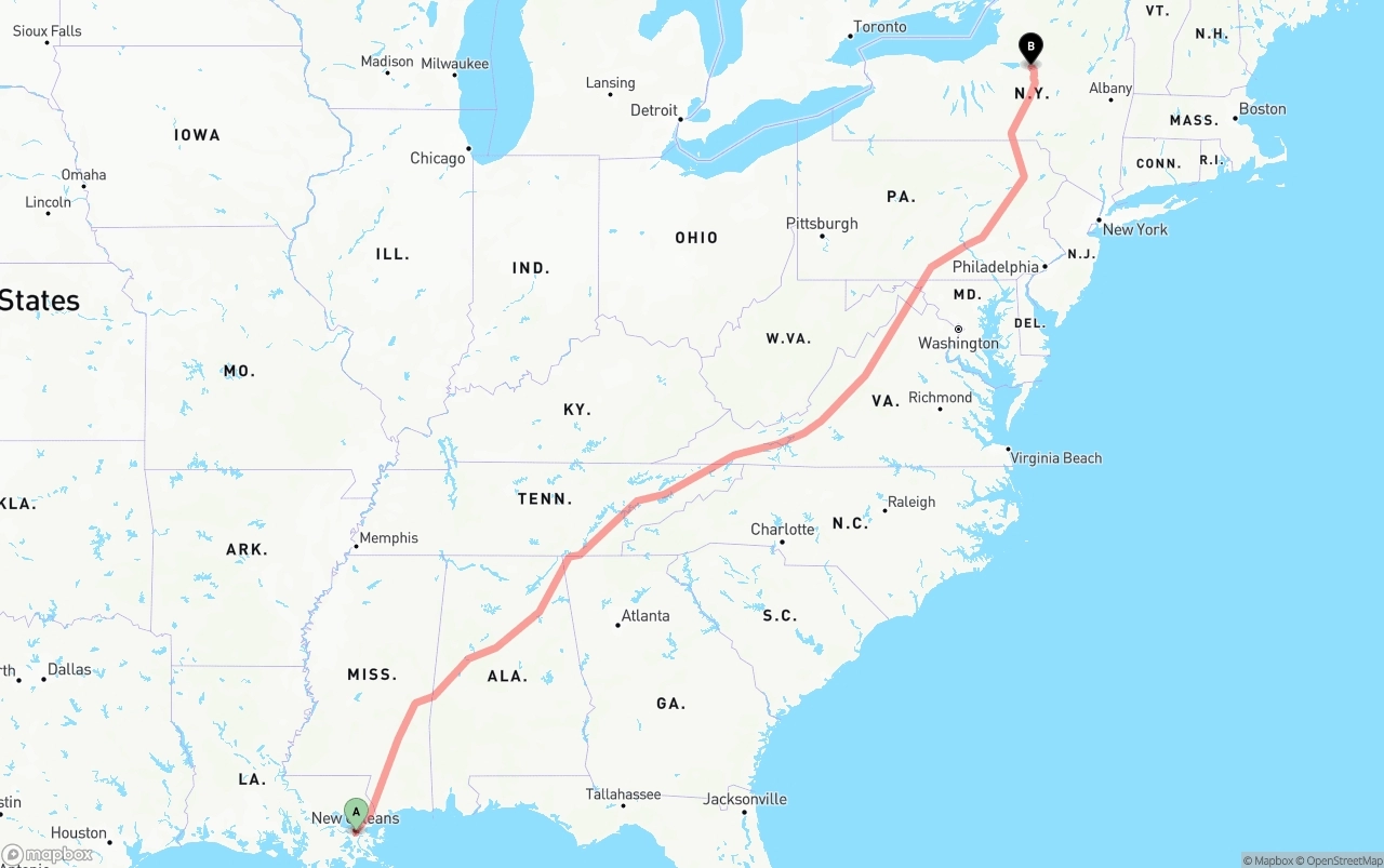 Shipping route from Port of New Orleans to New York