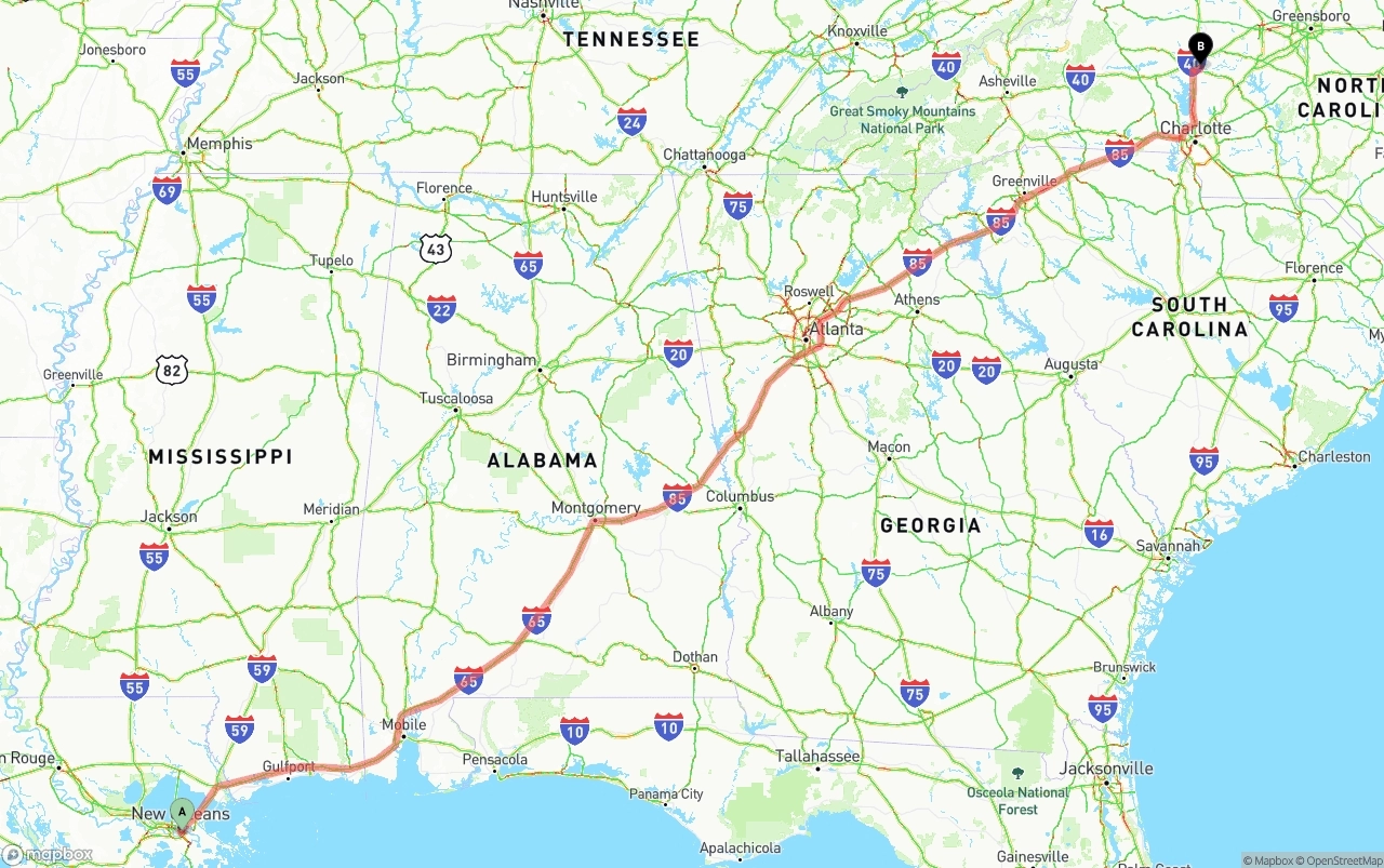 Shipping route from Port of New Orleans to North Carolina